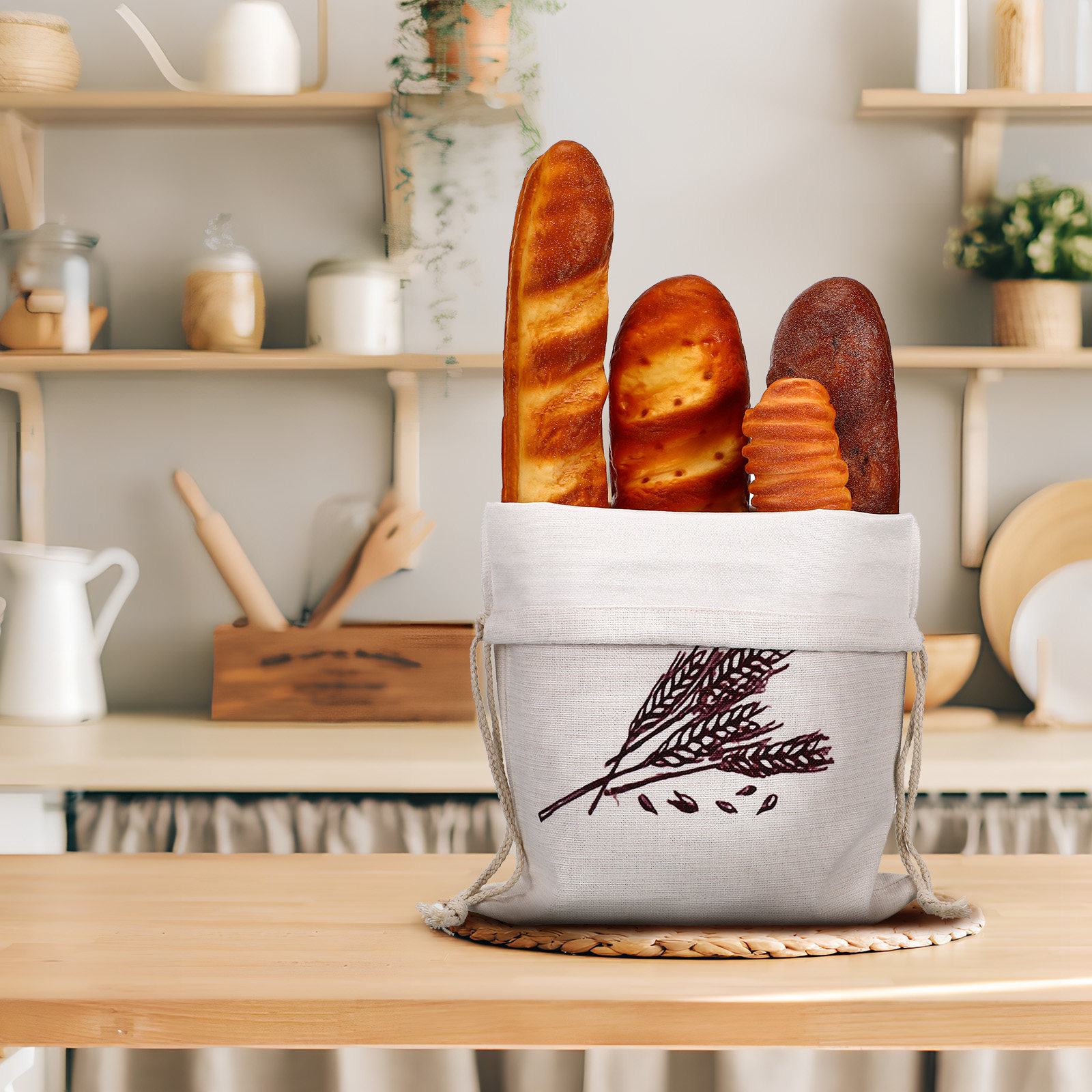 Reusable Produce Bag - 2 Adet Keten Ekmek Torbası, İpli,